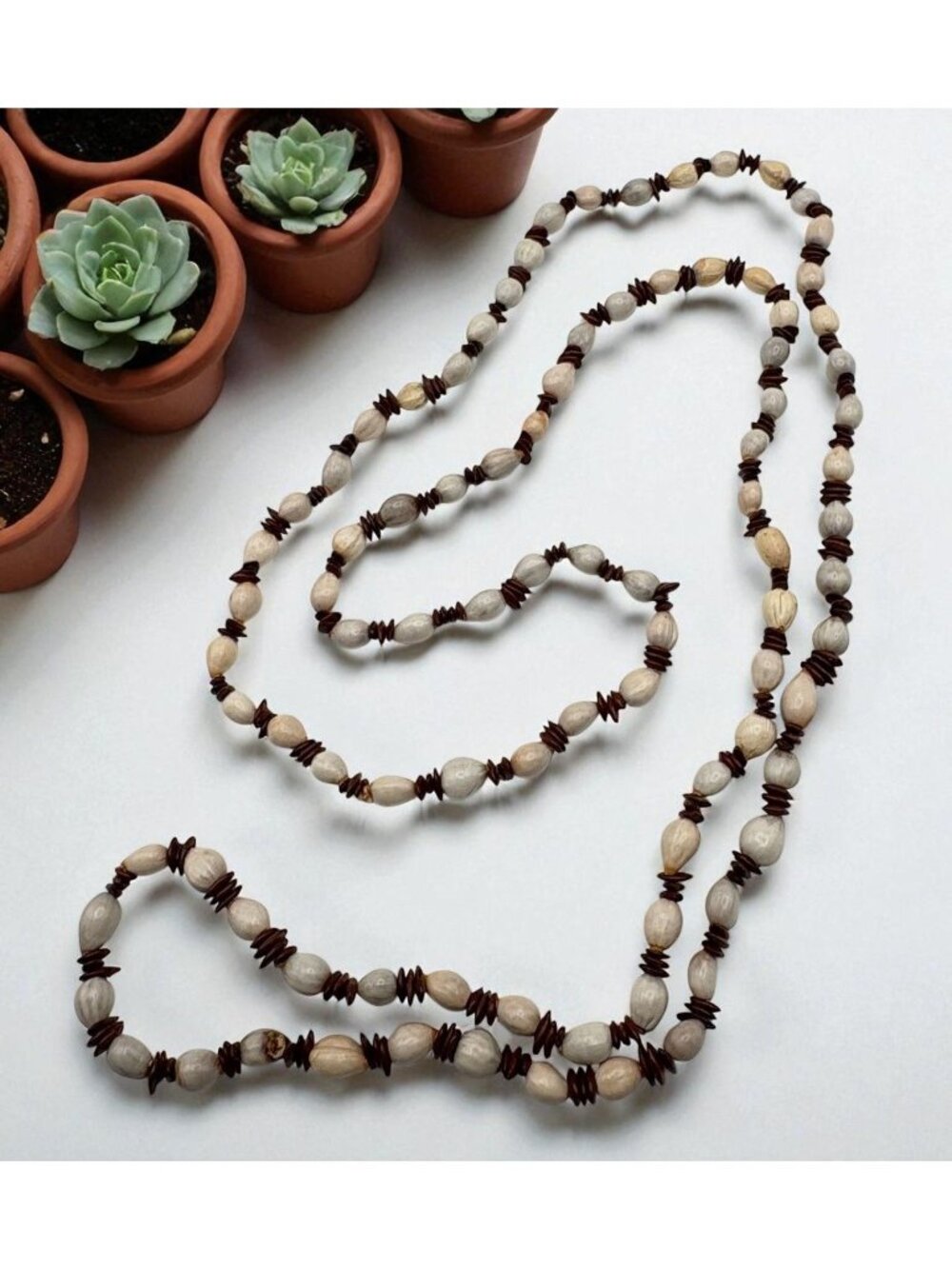 Natural Seed Bead Strand Necklace Brown Cream Long Layering Boho Tribal